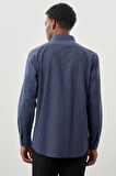 Koyu Lacivert Uzun Kol Baskılı Bez Ayağı Sert Yaka Cepli Pamuklu Classic Comfort Fit Gömlek 1004245215