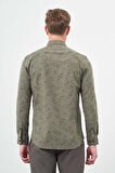 Koyu Haki Uzun Kol Baskılı Bez Ayağı Yarım İtalyan Yaka Cepsiz Pamuklu Classic Slim Fit Gömlek 1004245222