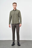 Koyu Haki Uzun Kol Baskılı Bez Ayağı Yarım İtalyan Yaka Cepsiz Pamuklu Classic Slim Fit Gömlek 1004245222