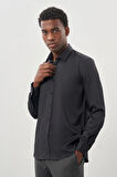 Koyu Antrasit Uzun Kol Düz Bez Ayağı Sert Yaka Cepsiz Esnek Classic Slim Fit Gömlek 1004245223_070