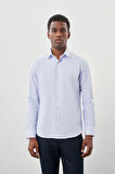 Koyu Mavi Uzun Kol Kendinden Desenli Armürlü Sert Yaka Cepsiz Pamuklu Classic Slim Fit Gömlek 1004245226_300