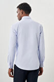 Koyu Mavi Uzun Kol Kendinden Desenli Armürlü Sert Yaka Cepsiz Pamuklu Classic Slim Fit Gömlek 1004245226_300