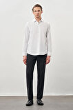 Beyaz Uzun Kol Kendinden Desenli Armürlü Sert Yaka Cepsiz Pamuklu Classic Slim Fit Gömlek 1004245226_600