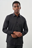 Siyah Uzun Kollu Sert Yaka Cepsiz Pamuklu Likralı Klasik Slim Fit Dar Kesim Gömlek 1004245234