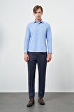 Mavi Uzun Kol Düz Bez Ayağı Sert Yaka Cepsiz Pamuklu Classic Slim Fit Gömlek 1004245267