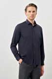Koyu Lacivert Uzun Kol Düz Bez Ayağı Yarım İtalyan Yaka Cepsiz Pamuklu Classic Slim Fit Gömlek 1004245268