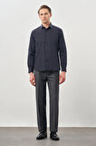 Koyu Lacivert Uzun Kol Düz Bez Ayağı Yarım İtalyan Yaka Cepsiz Pamuklu Classic Slim Fit Gömlek 1004245268
