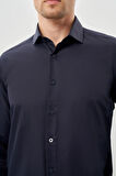 Koyu Lacivert Uzun Kol Düz Bez Ayağı Yarım İtalyan Yaka Cepsiz Pamuklu Classic Slim Fit Gömlek 1004245268