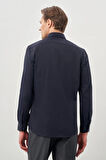 Koyu Lacivert Uzun Kol Düz Bez Ayağı Yarım İtalyan Yaka Cepsiz Pamuklu Classic Slim Fit Gömlek 1004245268