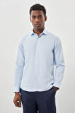 Koyu Mavi Uzun Kol Düz Bez Ayağı Yarım İtalyan Yaka Cepsiz Pamuklu Classic Slim Fit Gömlek 1004245268