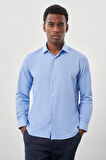 Mavi Uzun Kol Düz Bez Ayağı Yarım İtalyan Yaka Cepsiz Pamuklu Classic Slim Fit Gömlek 1004245268