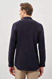 Lacivert Uzun Kol Düz Bez Ayağı Hakim Yaka Cepsiz Pamuk Casual Slim Fit Gömlek 1004245270_201