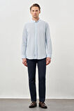 Koyu Mavi Uzun Kol Düz Bez Ayağı Hakim Yaka Cepsiz Pamuk Casual Slim Fit Gömlek 1004245270_300