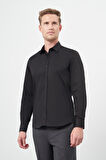 Siyah Uzun Kol Düz Bez Ayağı 032 Sert Yaka Classic Slim Fit Gömlek 1004245324