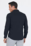 Siyah Uzun Kol Düz Bez Ayağı Sert Yaka Cepsiz Pamuklu Basic Slim Fit Gömlek 1004250057_001