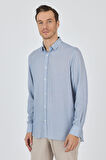 Koyu Mavi Uzun Kol Baskılı Cepsiz Keten Casual Slim Fit Gömlek 1004250112