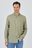 Koyu Haki Uzun Kol Baskılı Cepsiz Keten Casual Slim Fit Gömlek 1004250112