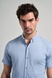 Koyu Mavi Uzun Kol Düz Örme Düğmeli Yaka Cepsiz Pamuklu Classic Slim Fit Gömlek 1004250152_300