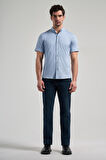 Koyu Mavi Uzun Kol Düz Örme Düğmeli Yaka Cepsiz Pamuklu Classic Slim Fit Gömlek 1004250152_300