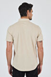 Bej Kısa Kol Düz Örme Düğmeli Yaka Cepsiz Pamuklu Classic Slim Fit Gömlek 1004250155_591