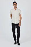 Ekru Kısa Kol Düz Örme Düğmeli Yaka Cepsiz Pamuklu Classic Slim Fit Gömlek 1004250155_609