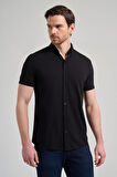 Siyah Kısa Kol Düz Örme İtalyan Yaka Düğmeli Cepsiz Pamuklu Classic Slim Fit Gömlek 1004250156_001