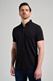 Siyah Kısa Kol Düz Örme İtalyan Yaka Düğmeli Cepsiz Pamuklu Classic Slim Fit Gömlek 1004250156_001