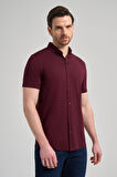 Bordo Kısa Kol Düz Örme İtalyan Yaka Düğmeli Cepsiz Pamuklu Classic Slim Fit Gömlek 1004250156_900