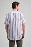 Kısa Kol Çizgili Desen Bez Ayağı Düğmeli Yaka cepli Pamuklu Casual Comfort Fit Gömlek 1004250167
