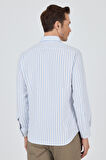 Koyu Mavi Yarım İtalyan Yaka Çizgili Desen Casual Slim Fit Gömlek 1004250216