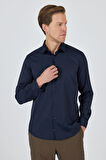 Koyu Lacivert Sert Yaka Cepsiz Gabardin Uzun Kol Slim Fit Esnek Gömlek 1004250234
