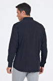 Siyah Uzun Kol Düz Armür Oval Yaka Casual Comfort Fit Gömlek 1004250249