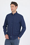 Lacivert Uzun Kol Düz Armür Oval Yaka Casual Comfort Fit Gömlek 1004250249