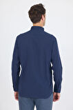 Lacivert Uzun Kol Düz Armür Oval Yaka Casual Comfort Fit Gömlek 1004250249