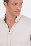 Taş Rengi italyan Düğmeli Yaka Kısa Kol Cepsiz Slim Fit Gömlek 1004250255
