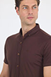 Koyu Kahverengi italyan Düğmeli Yaka Kısa Kol Cepsiz Slim Fit Gömlek 1004250255