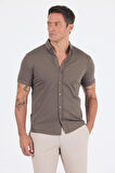 Koyu Haki italyan Düğmeli Yaka Kısa Kol Cepsiz Slim Fit Gömlek 1004250255