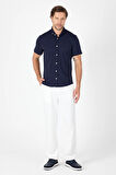Koyu Lacivert Kısa Kol Düğmeli Yaka Cepsiz Performans Ürün Slim Fit  Gömlek 1004250256