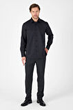 Siyah Uzun Kol Sert Yaka Cepsiz  Comfort Fit Pamuklu Gömlek 1004250914