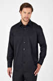 Siyah Uzun Kol Sert Yaka Cepsiz  Comfort Fit Pamuklu Gömlek 1004250914