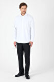 Beyaz Uzun Kol Sert Yaka Cepsiz  Comfort Fit Pamuklu Gömlek 1004250914