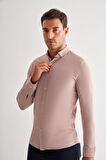 Koyu Kahverengi Smart Düğmeli Yaka Uzun Kol Cepsiz Slim Fit Casual Gömlek 1004255165