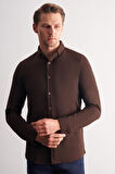 Koyu Kahverengi Smart Düğmeli Yaka Uzun Kol Cepsiz Slim Fit Casual Gömlek 1004255169
