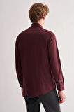 Bordo Yarım İtalyan Yaka Uzun Kol Slim Fit Pamuklu Gömlek 1004255180