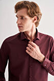 Bordo Yarım İtalyan Yaka Uzun Kol Slim Fit Pamuklu Gömlek 1004255180
