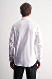 Beyaz Yarım İtalyan Yaka Kendinden Desenli Uzun Kol Premium Slim Fit %100 Pamuk Gömlek 1004255193