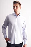 Açık Mavi Yarım İtalyan Yaka Saten Uzun Kol Premium Slim Fit %100 Pamuk Gömlek 1004255195