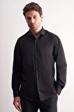 Siyah Yarım İtalyan Yaka Uzun Kol Premium Slim Fit %100 Pamuk Gömlek 1004255196