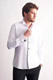 Beyaz Uzun Kol Ata Yaka Düz Pamuklu Slim Fit Gömlek 1004255215
