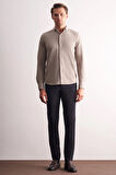 Taş Rengi Uzun Kol Düğmeli Yaka Kendinden Desenli Pamuklu Slim Fit Gömlek 1004255267